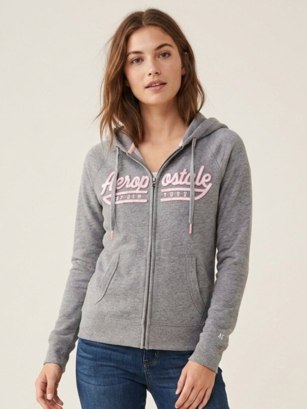 Aeropostale Sweatshirt Large Women's Gray Full-Zip Hoodie with Pink Script
